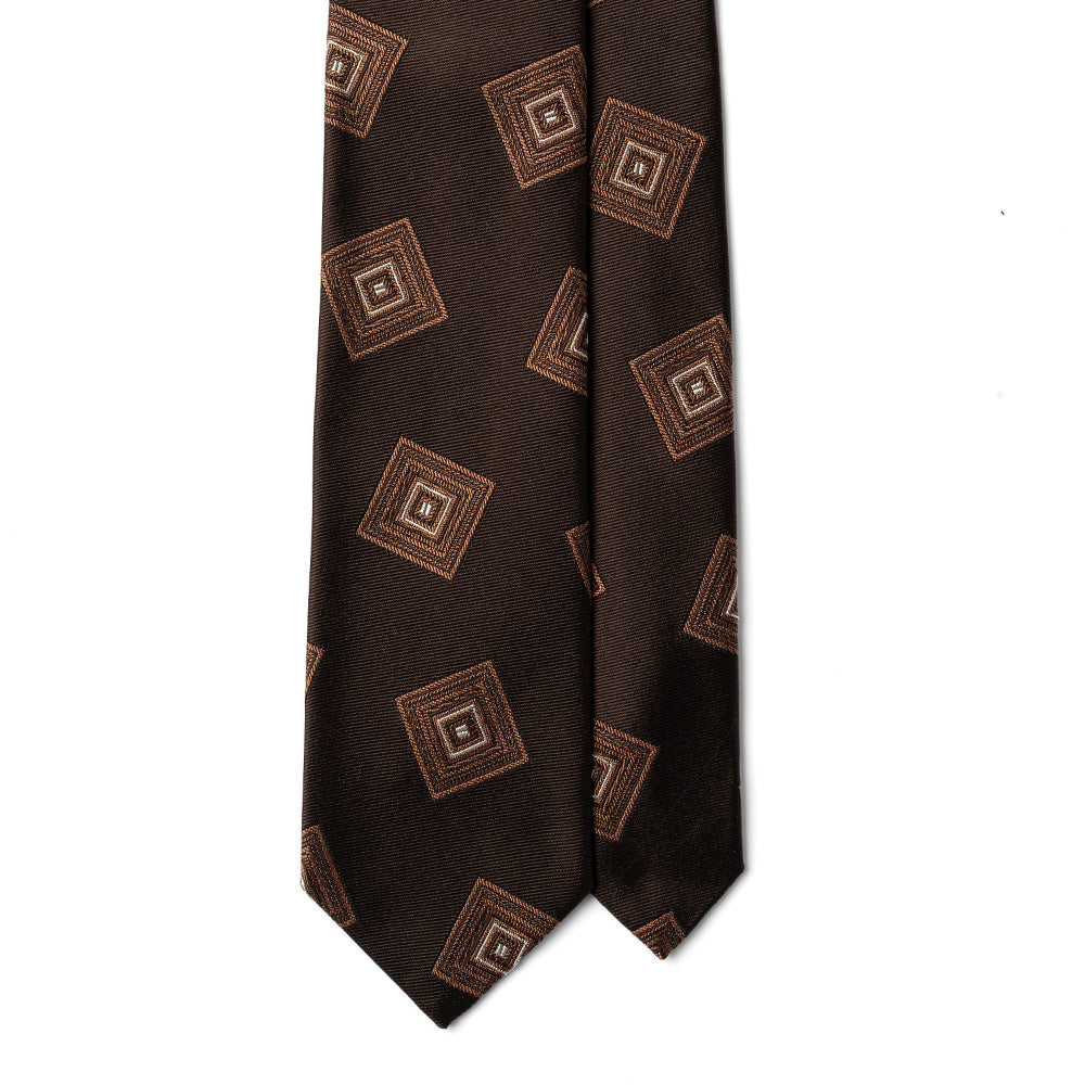 Big Square Tile Pattern Espresso Brown Woven Silk Cotton Tie