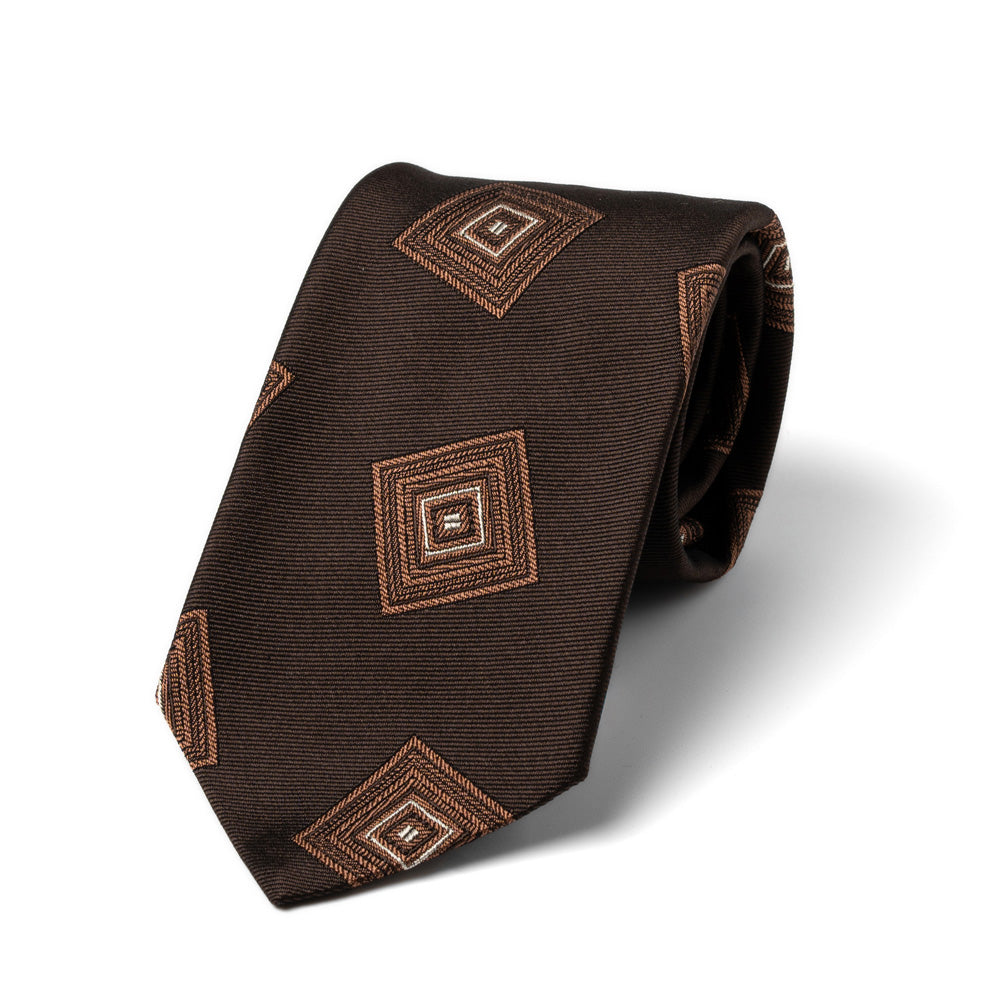 Big Square Tile Pattern Espresso Brown Woven Silk Cotton Tie