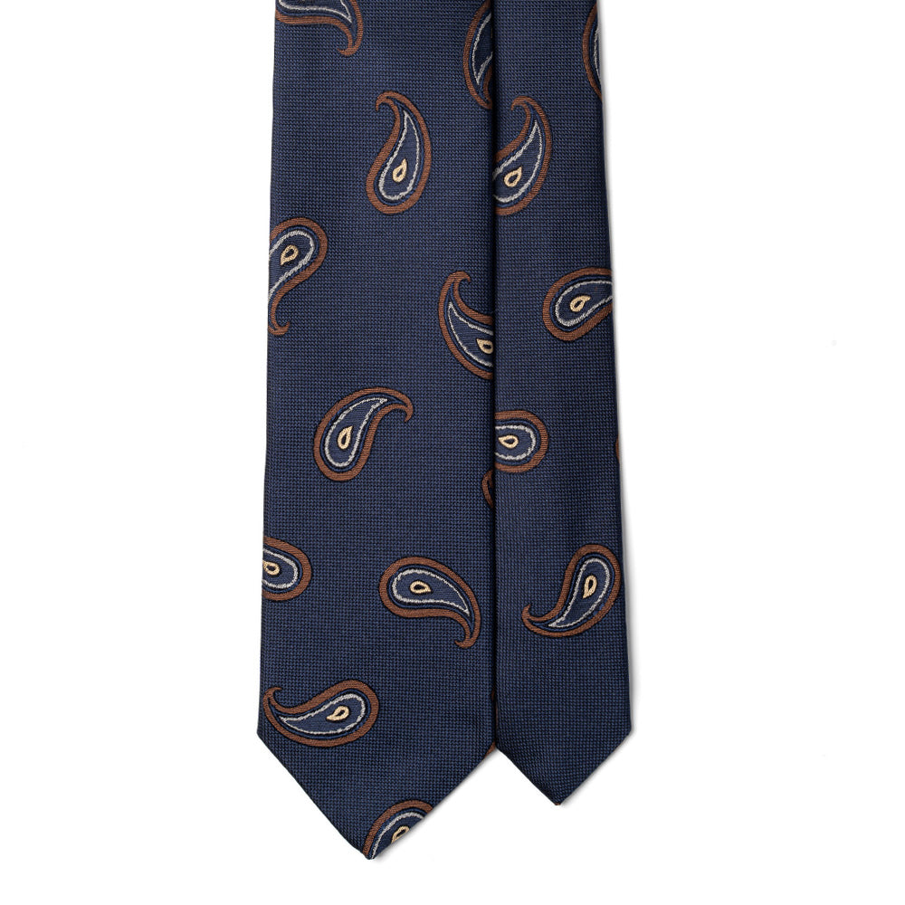 Big Paisley Pattern Dark Navy Brown Woven Silk Tie