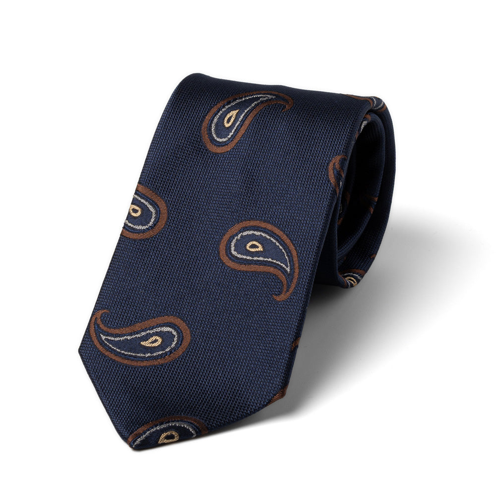 Big Paisley Pattern Dark Navy Brown Woven Silk Tie