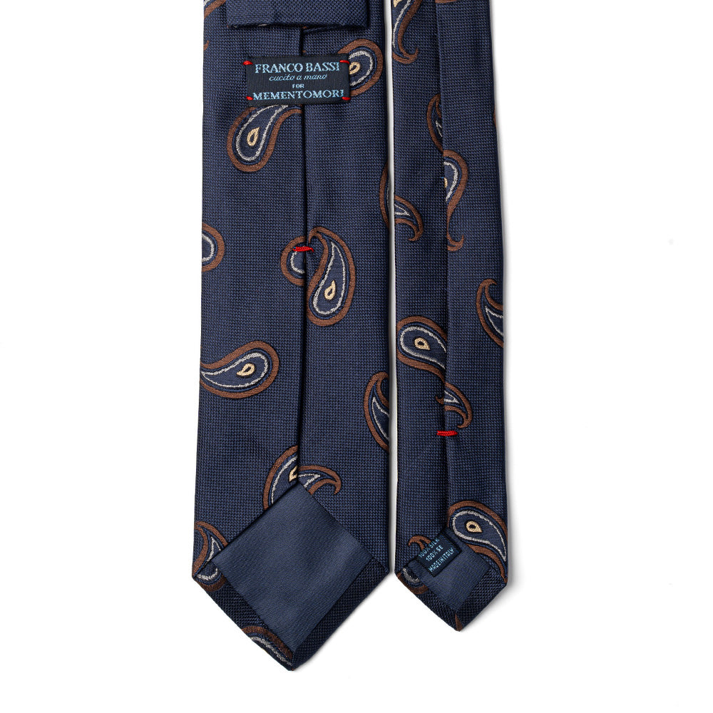 Big Paisley Pattern Dark Navy Brown Woven Silk Tie