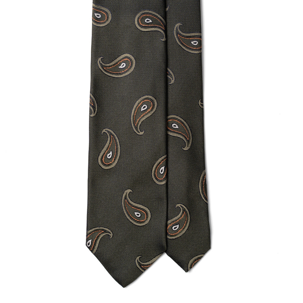 Big Paisley Pattern Olive Green Brown Woven Silk Tie