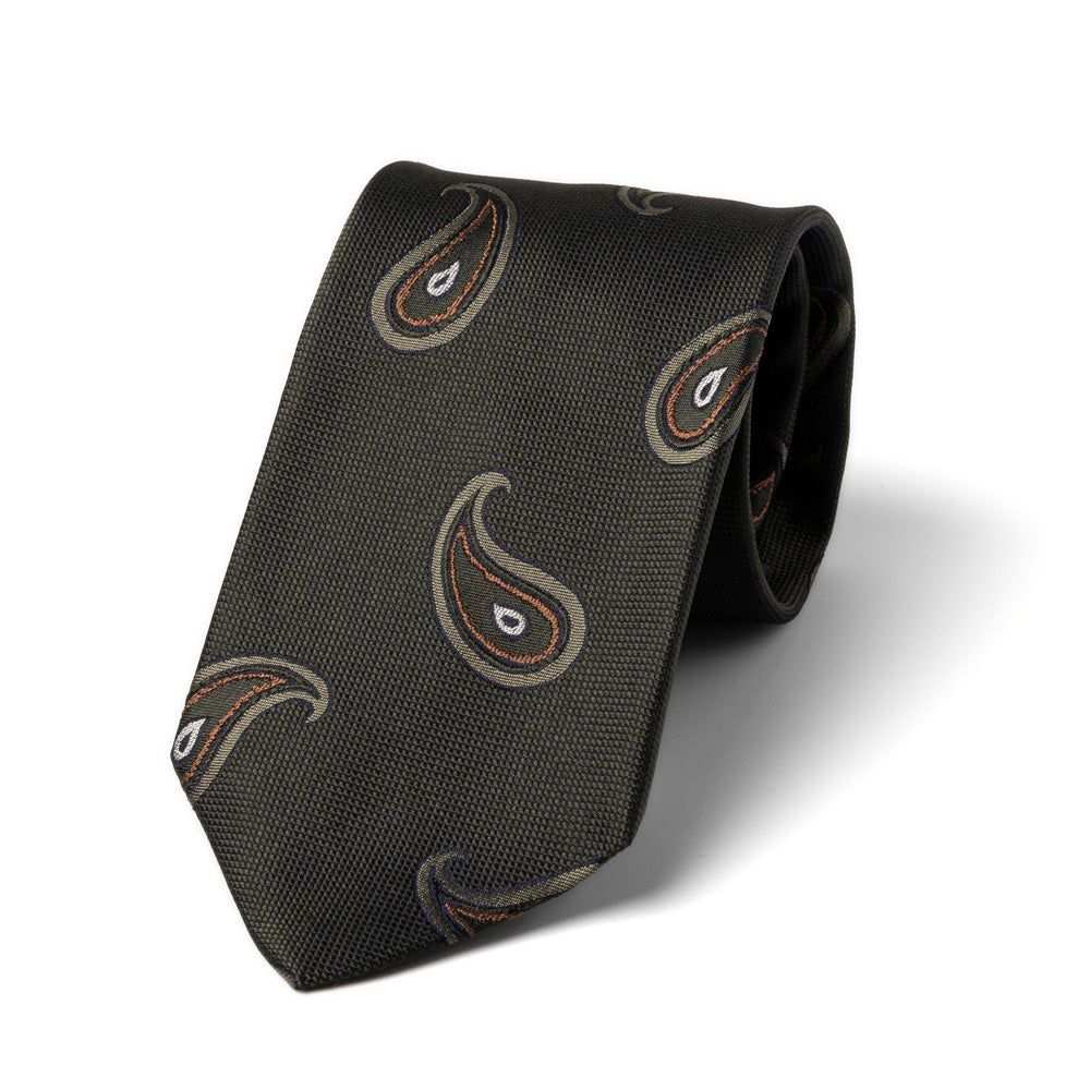 Big Paisley Pattern Olive Green Brown Woven Silk Tie