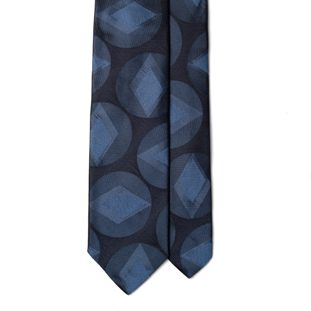 Blue Big Diamond Circle Pattern Dark Navy Woven Silk Tie
