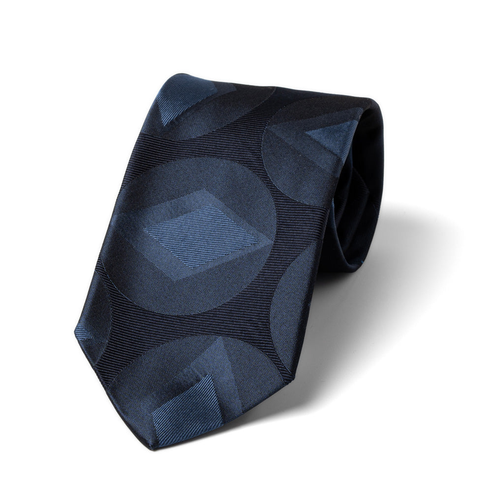 Blue Big Diamond Circle Pattern Dark Navy Woven Silk Tie