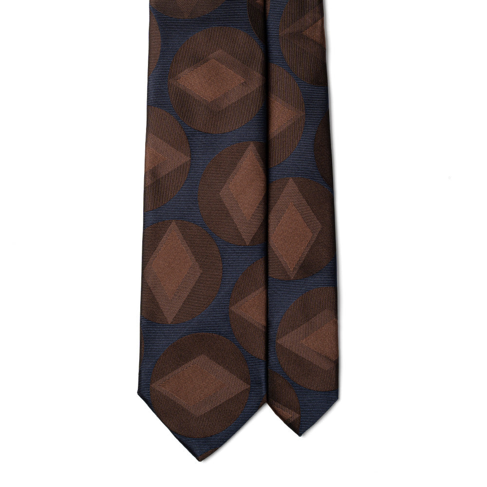 Brown Big Diamond Circle Pattern Dark Navy Woven Silk Tie