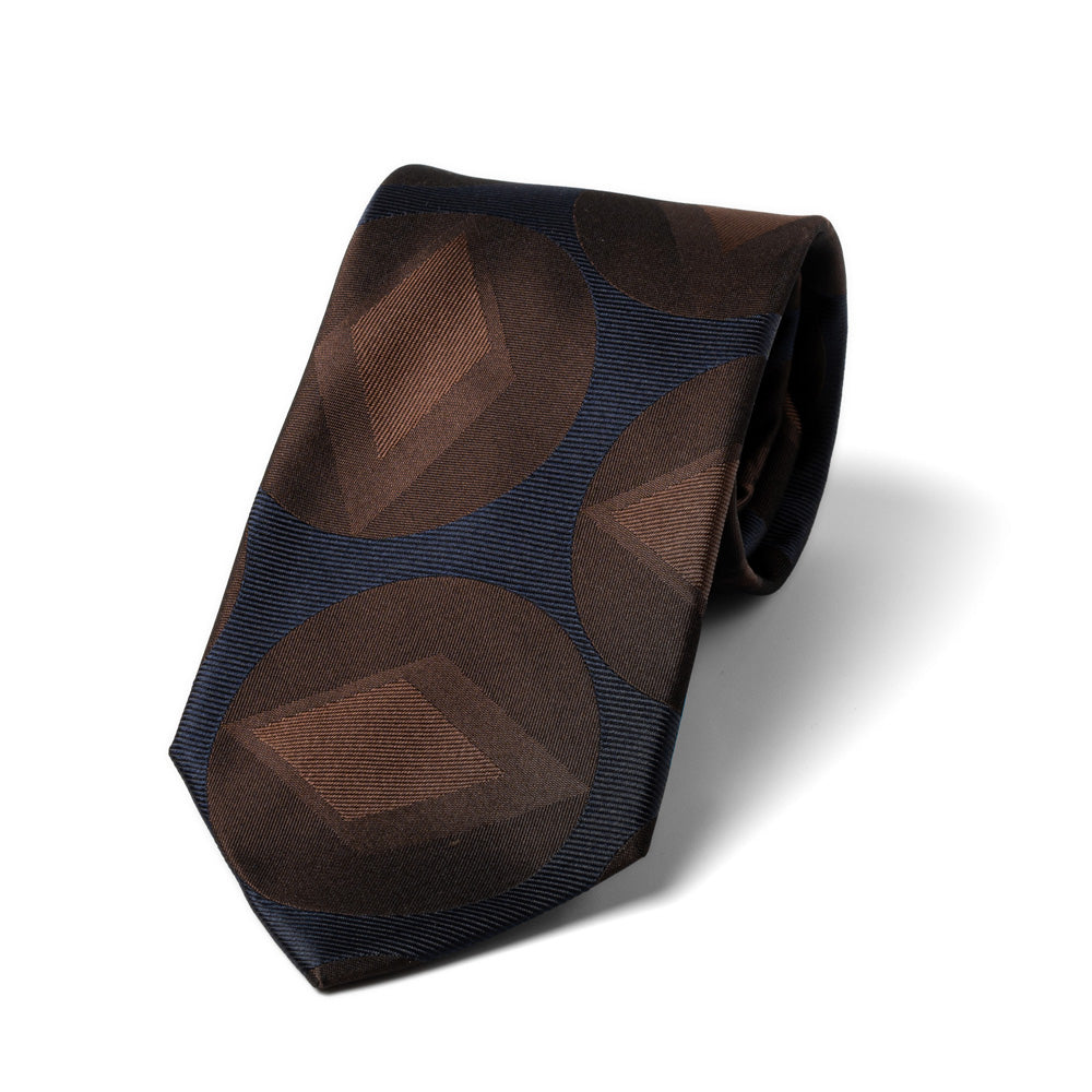 Brown Big Diamond Circle Pattern Dark Navy Woven Silk Tie