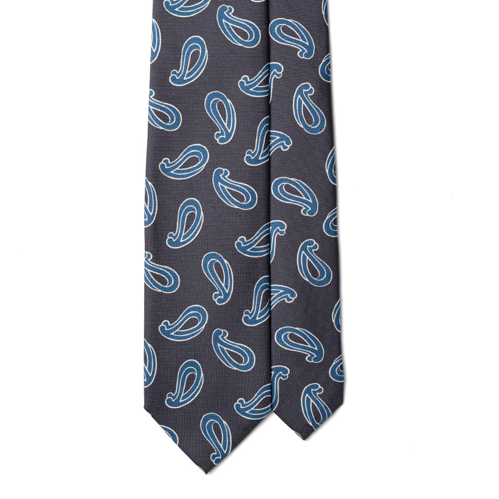 Paisley Pattern Charcoal Grey Blue Printed Silk Tie