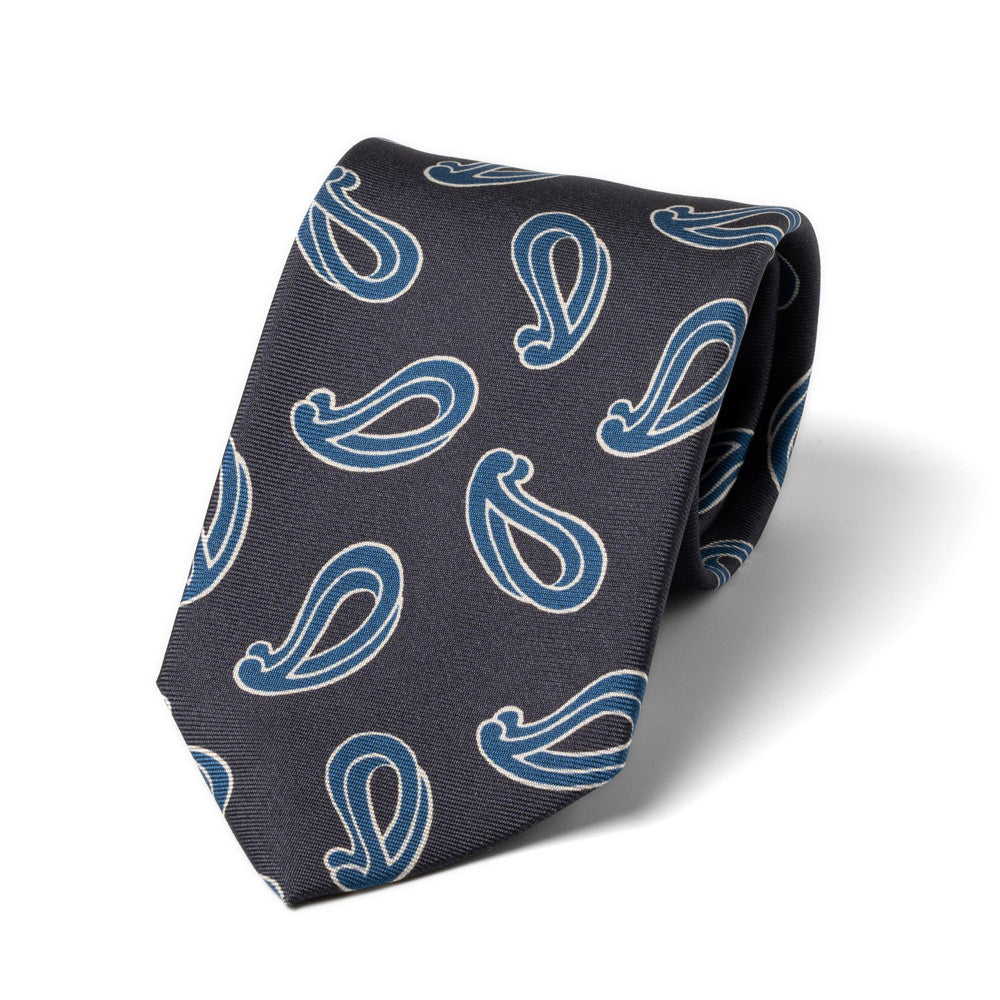 Paisley Pattern Charcoal Grey Blue Printed Silk Tie