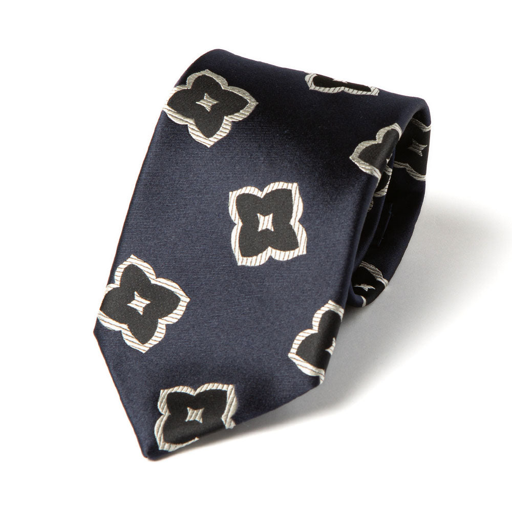 Big Flower Pattern Classic Navy Woven Silk Tie