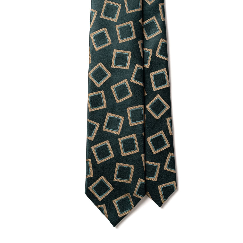 Gold Big Square Tile Pattern British Green Satin Woven Silk Tie