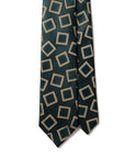 Gold Big Square Tile Pattern British Green Satin Woven Silk Tie