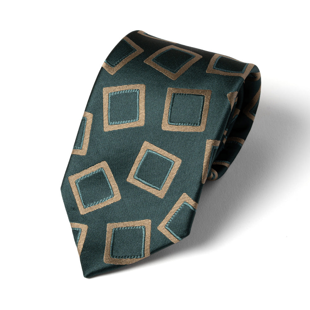 Gold Big Square Tile Pattern British Green Satin Woven Silk Tie