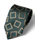 Gold Big Square Tile Pattern British Green Satin Woven Silk Tie