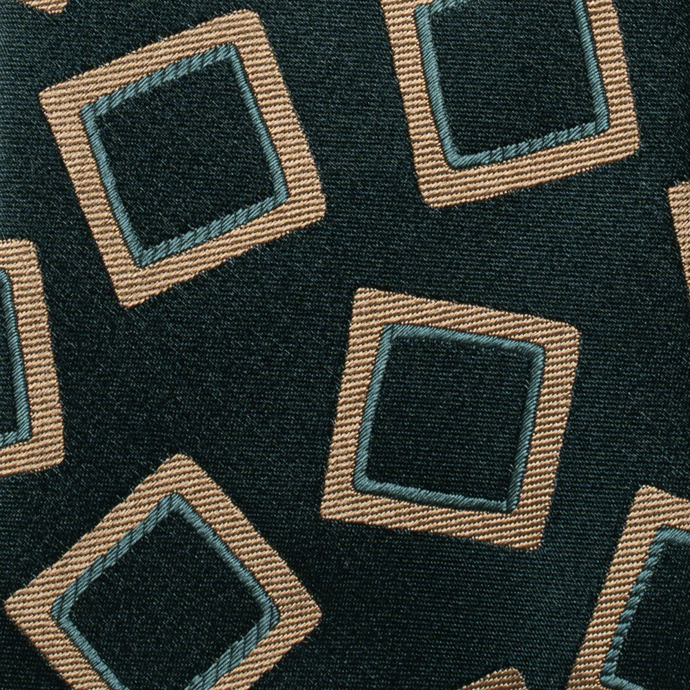 Gold Big Square Tile Pattern British Green Satin Woven Silk Tie