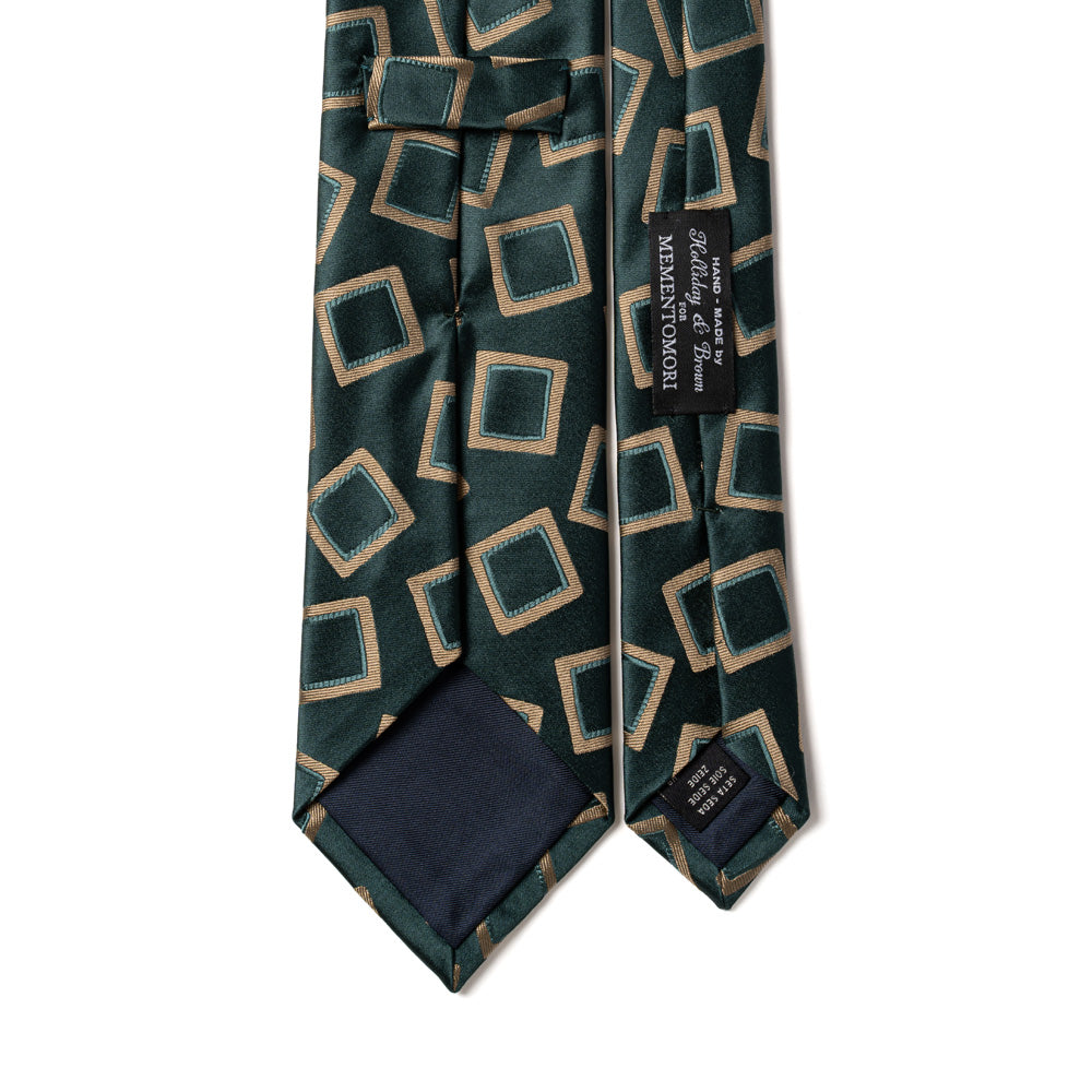 Gold Big Square Tile Pattern British Green Satin Woven Silk Tie