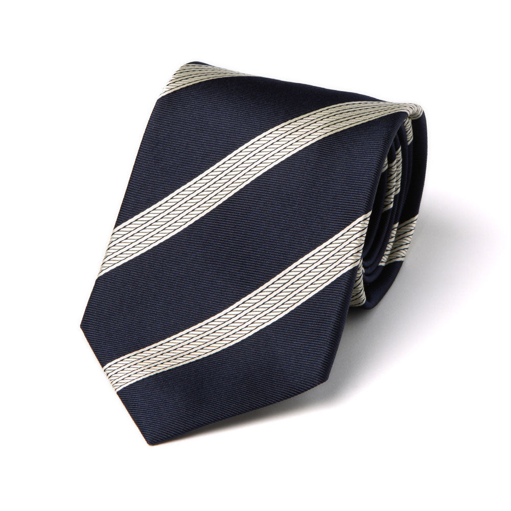 White Triple Rope Stripe Dark Navy Woven Silk Tie