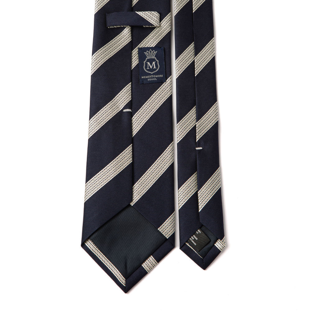 White Triple Rope Stripe Dark Navy Woven Silk Tie