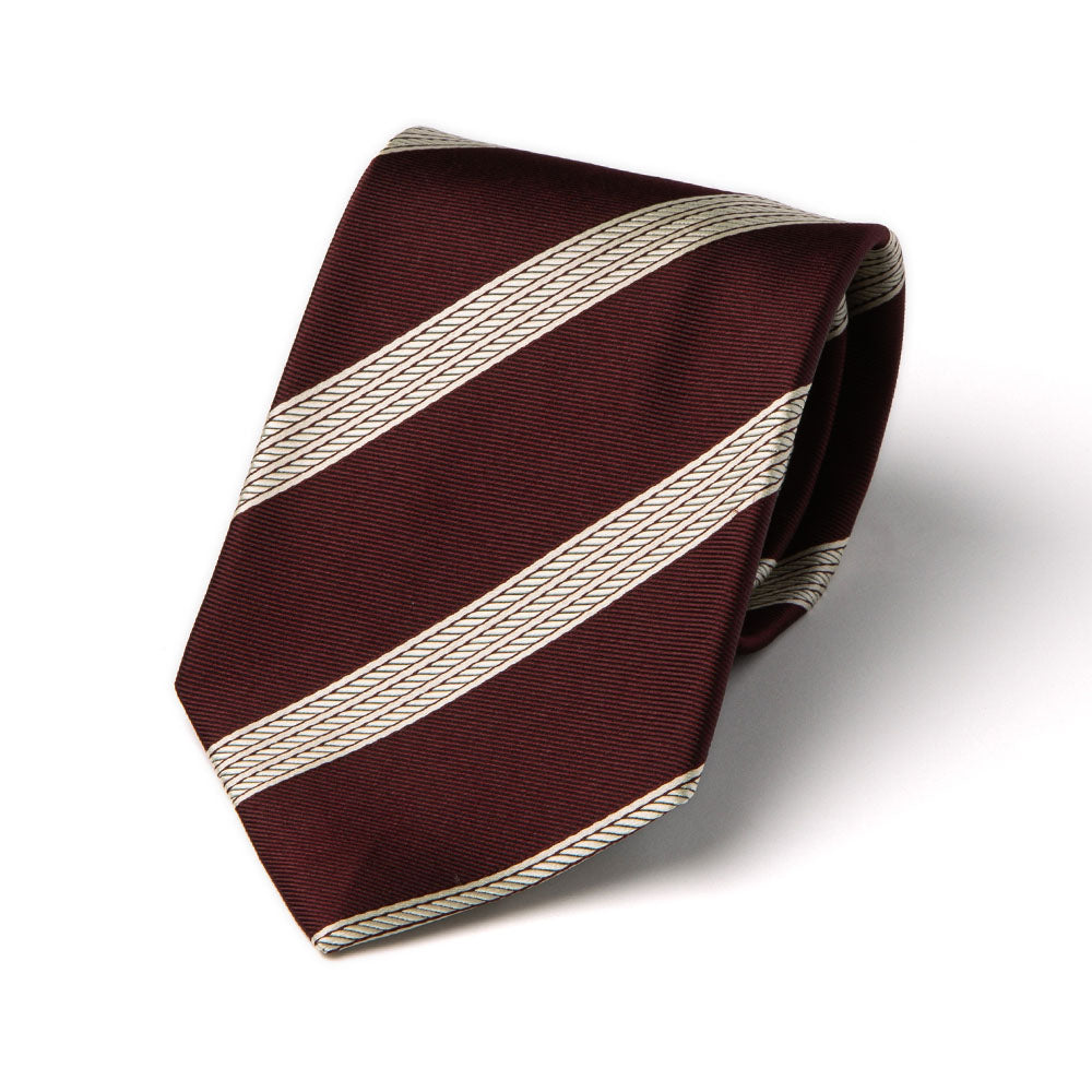 White Triple Rope Stripe Burgundy Woven Silk Tie
