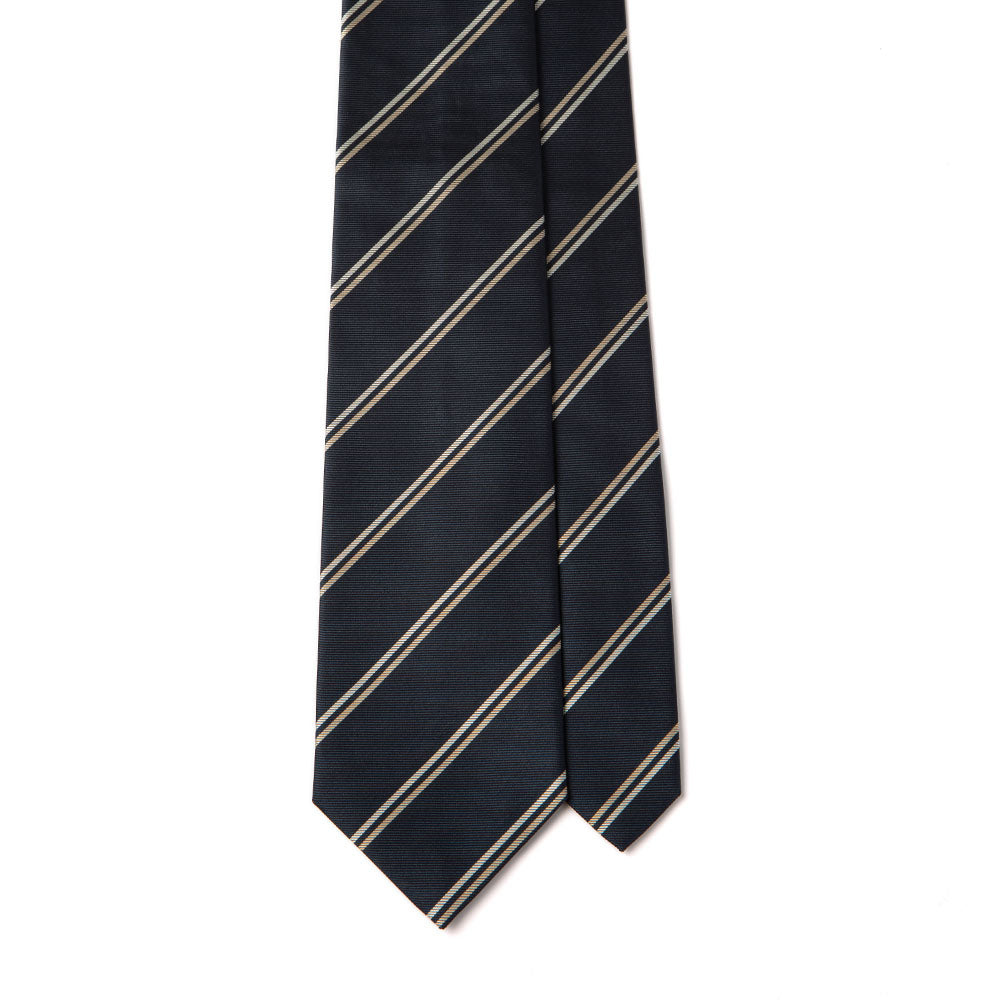 Beige Double Stripe Dark Navy Woven Silk Tie