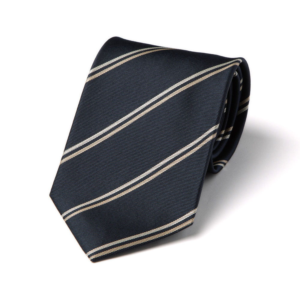 Beige Double Stripe Dark Navy Woven Silk Tie