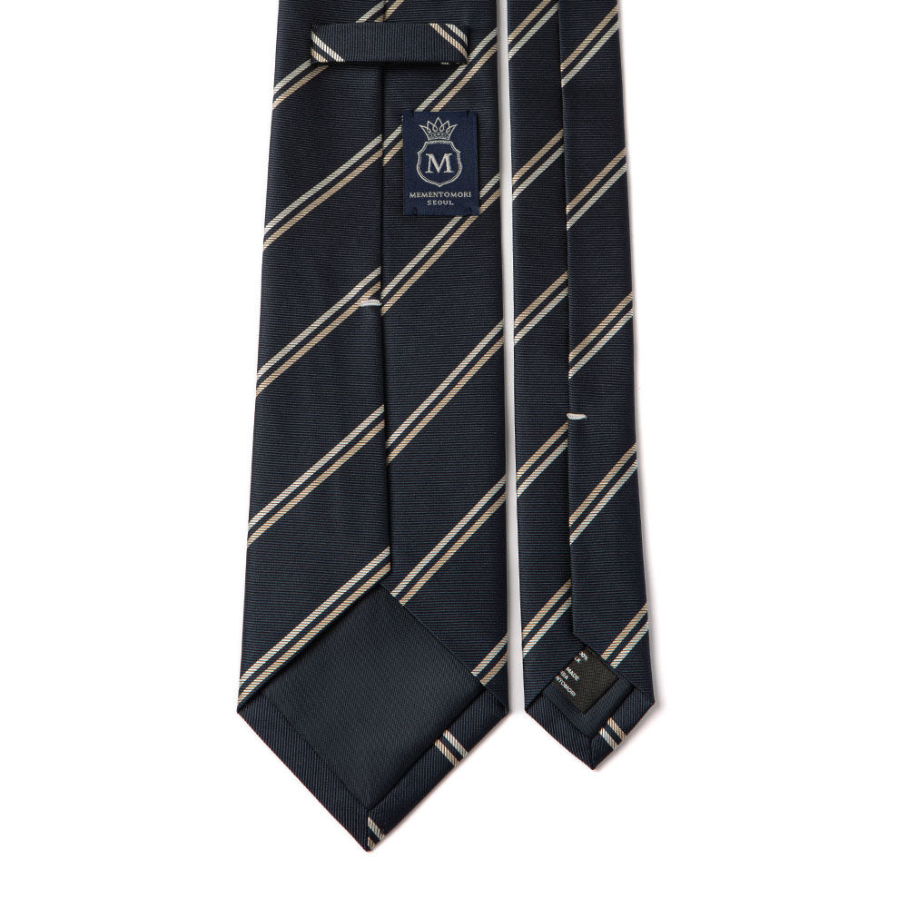 Beige Double Stripe Dark Navy Woven Silk Tie