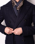 Cappuccino Brown Check Pattern & Indigo Blue Solid Double Face Wool Scarf