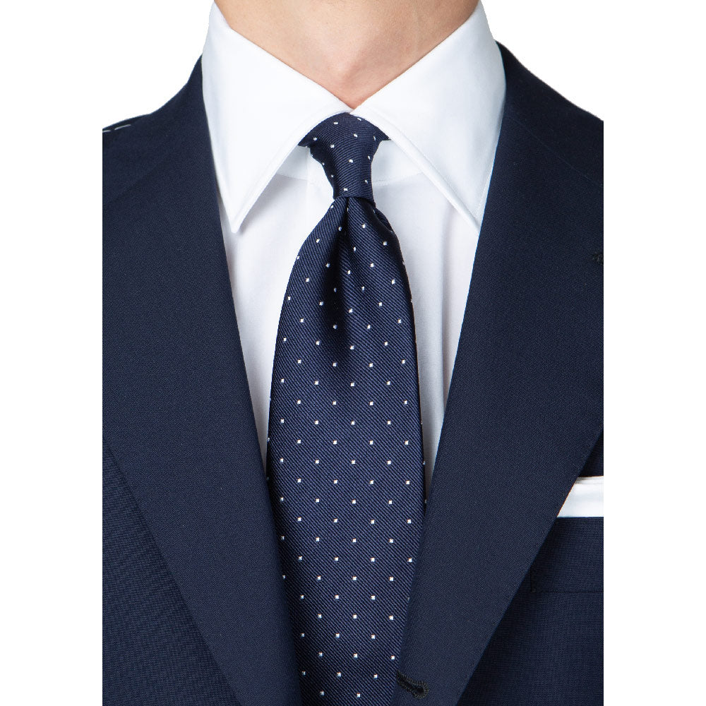 King Twill Pin Dot Navy White Silk Tie