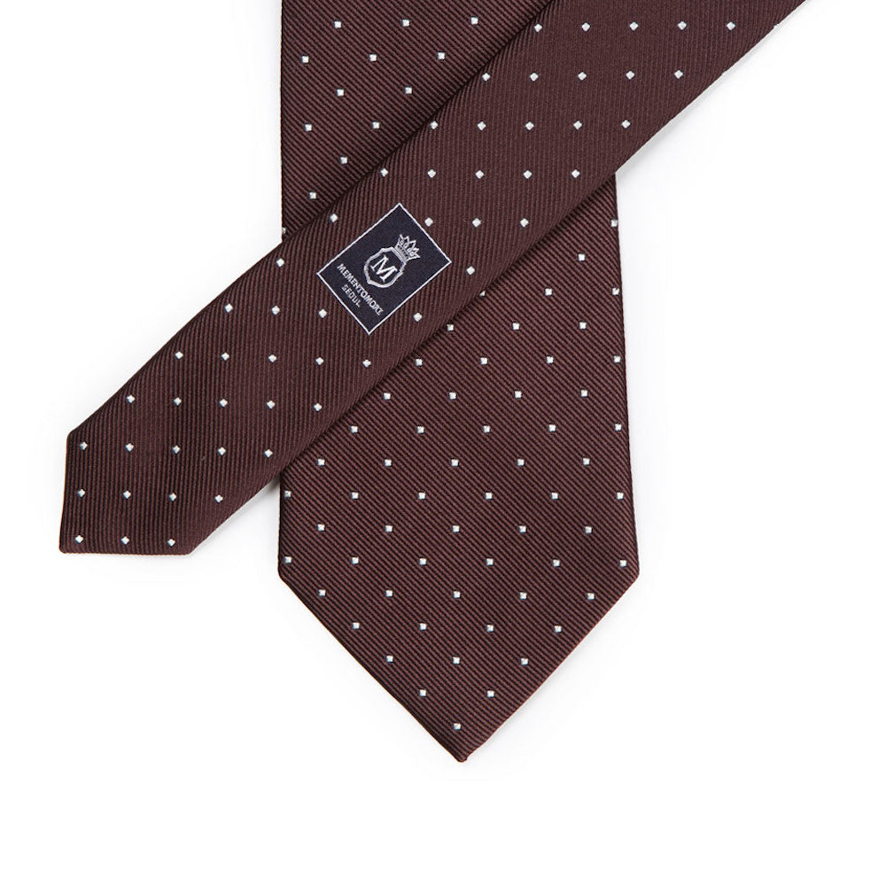 King Twill Pin Dot Brown White Silk Tie