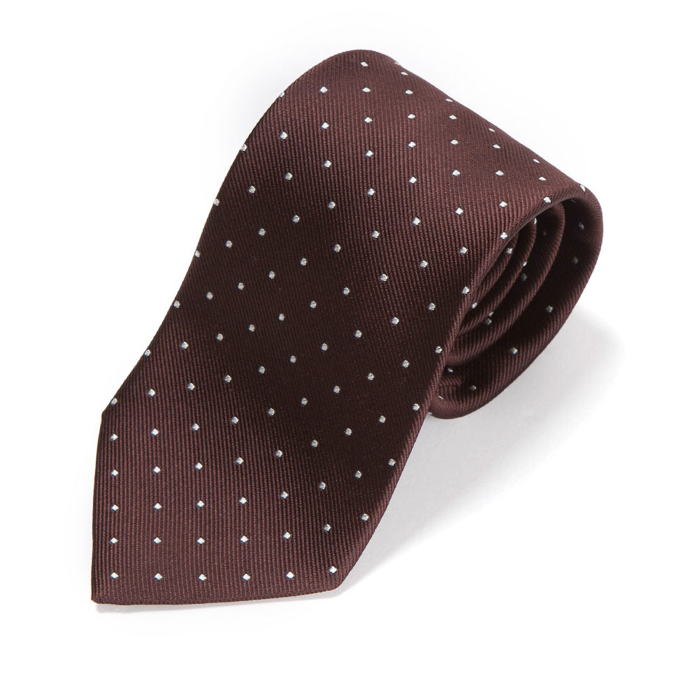 King Twill Pin Dot Brown White Silk Tie