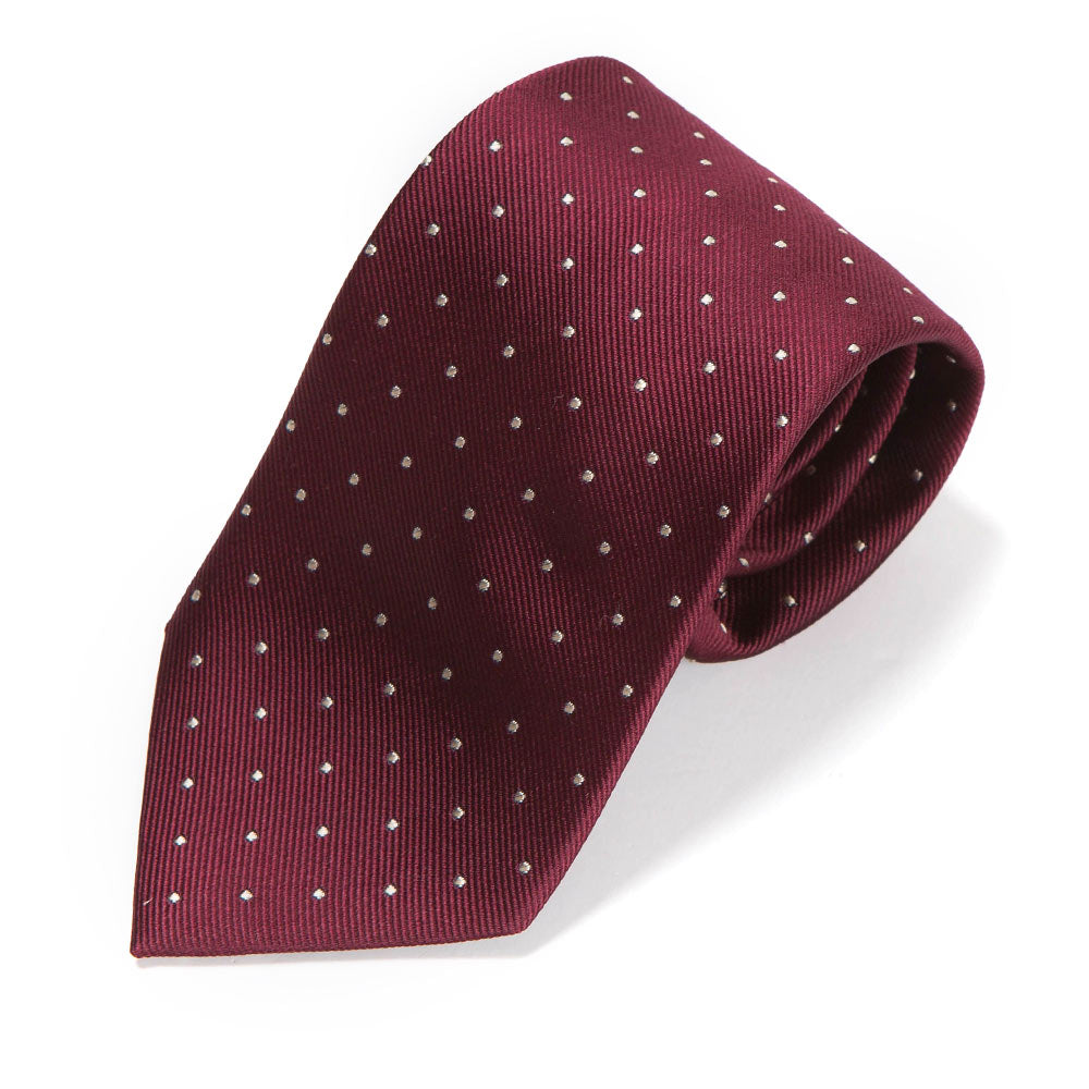 King Twill Pin Dot Burgundy White Silk Tie