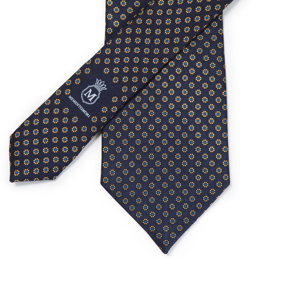 Hand Printed Petit Flower Navy Beige Silk Tie