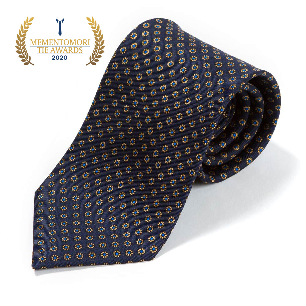 Hand Printed Petit Flower Navy Beige Silk Tie