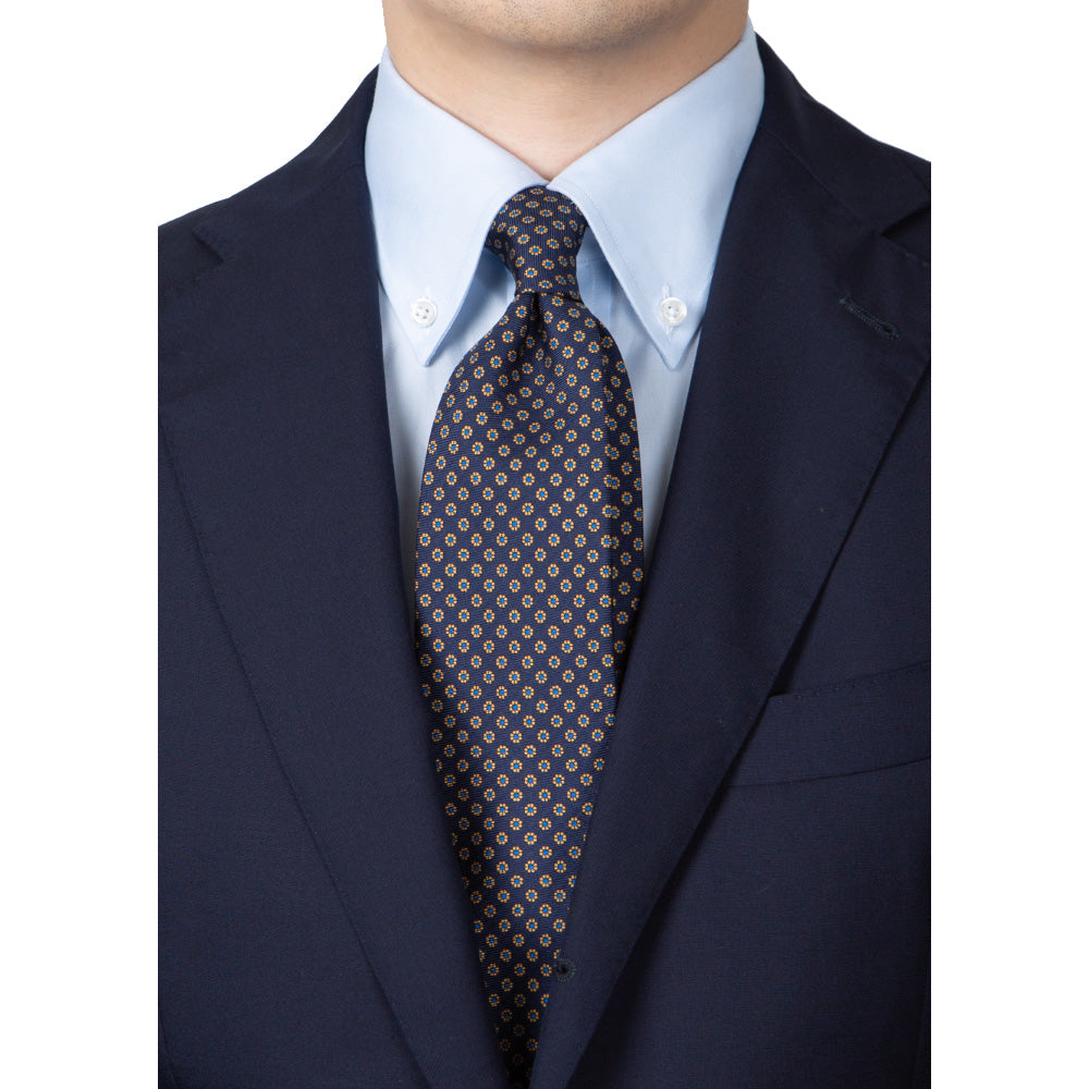 Hand Printed Petit Flower Navy Beige Silk Tie