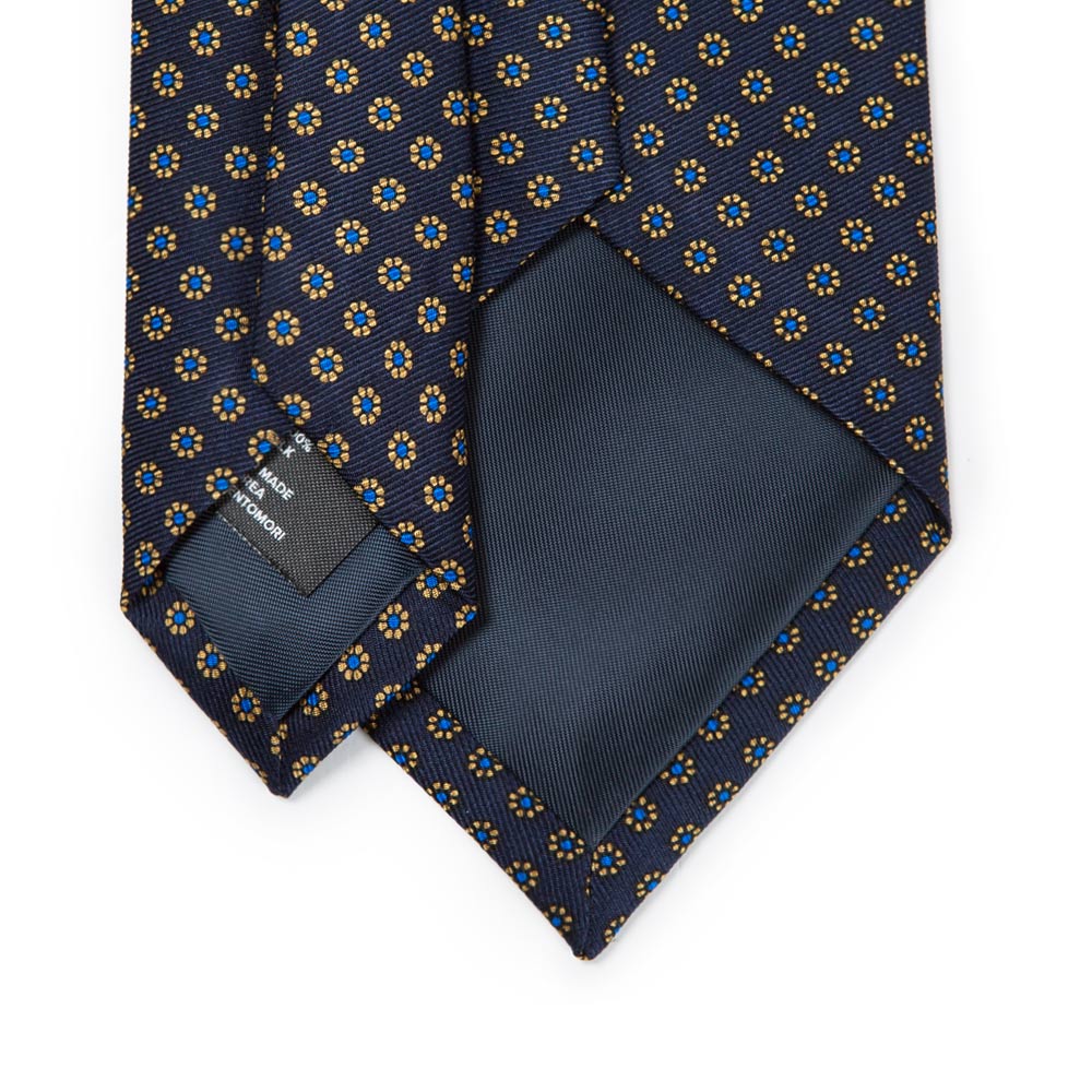 Hand Printed Petit Flower Navy Beige Silk Tie