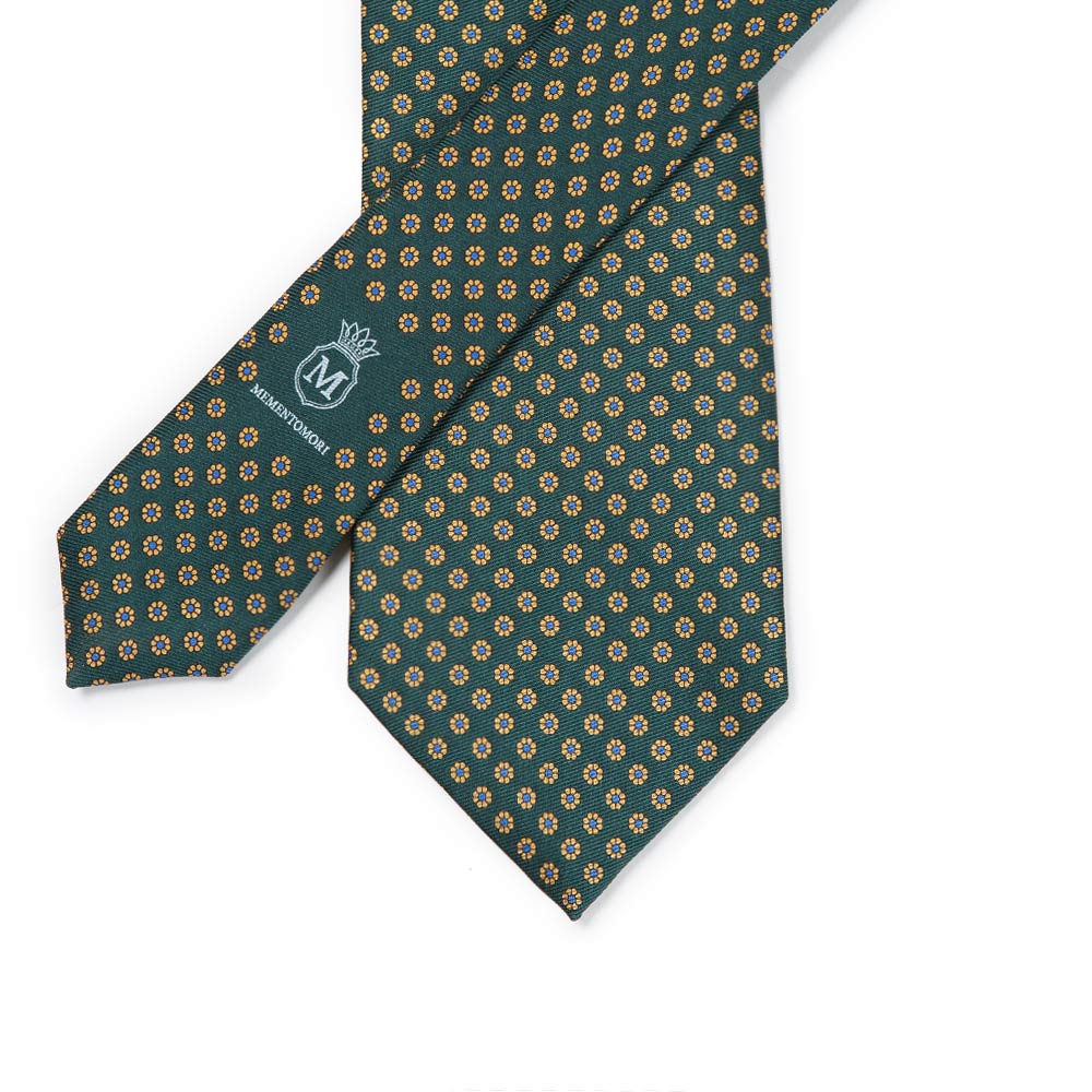 Hand Printed Petit Flower Green Beige Silk Tie