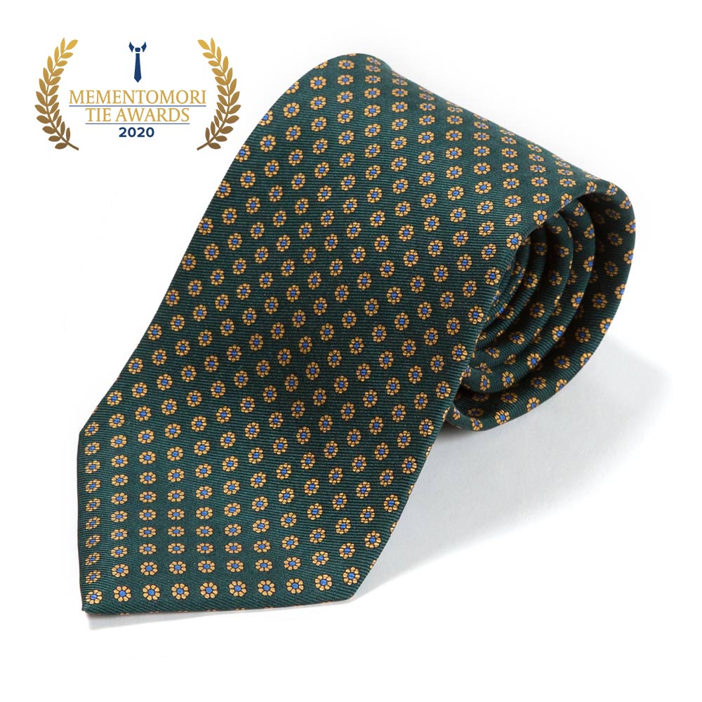 Hand Printed Petit Flower Green Beige Silk Tie