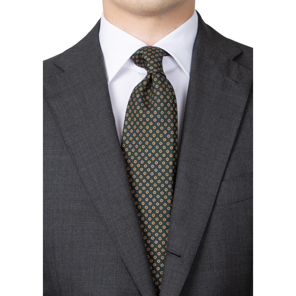Hand Printed Petit Flower Green Beige Silk Tie