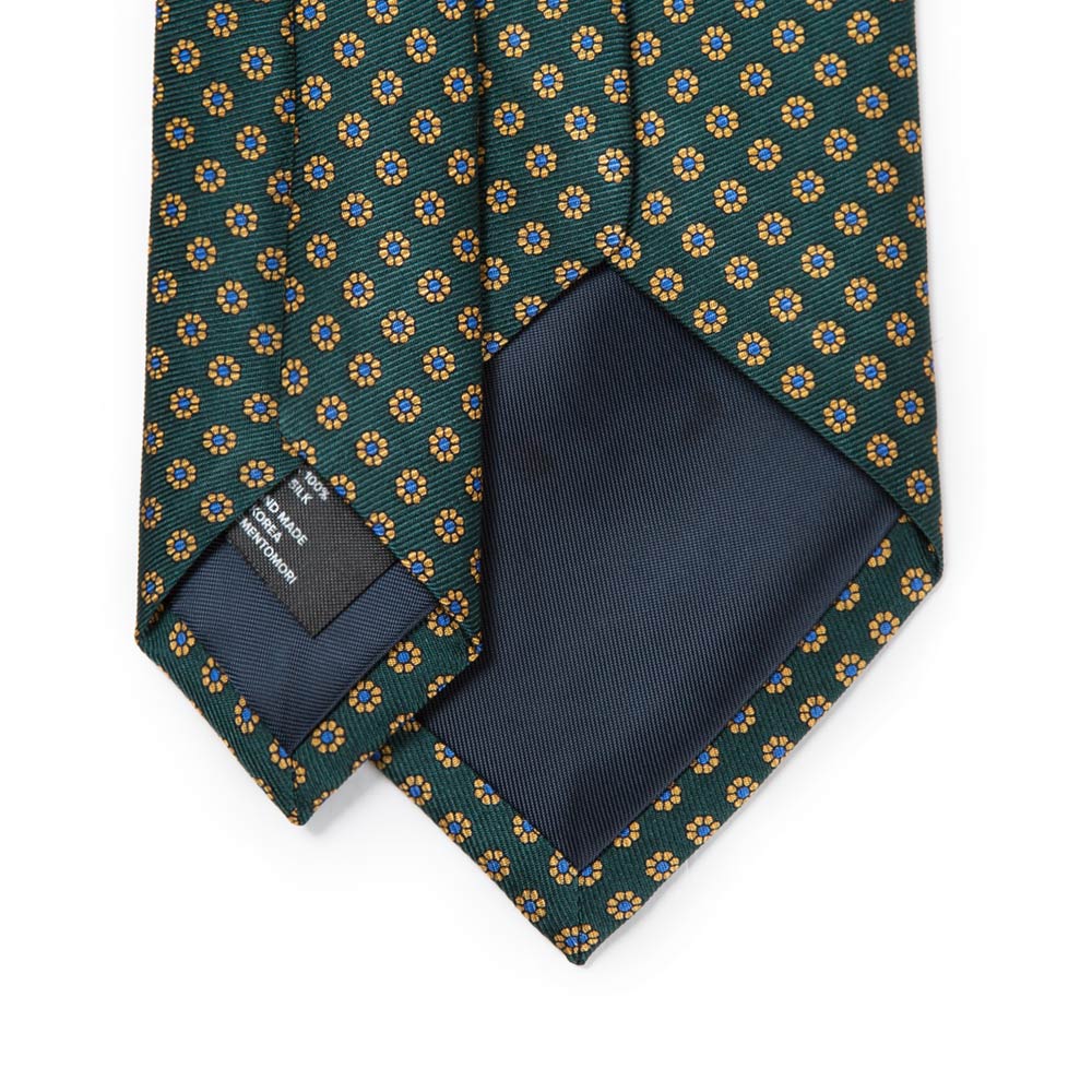Hand Printed Petit Flower Green Beige Silk Tie