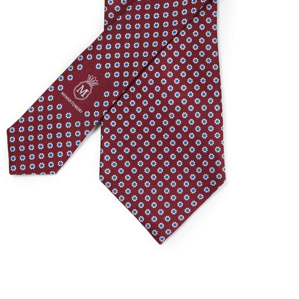 Hand Printed Petit Flower Burgundy White Silk Tie