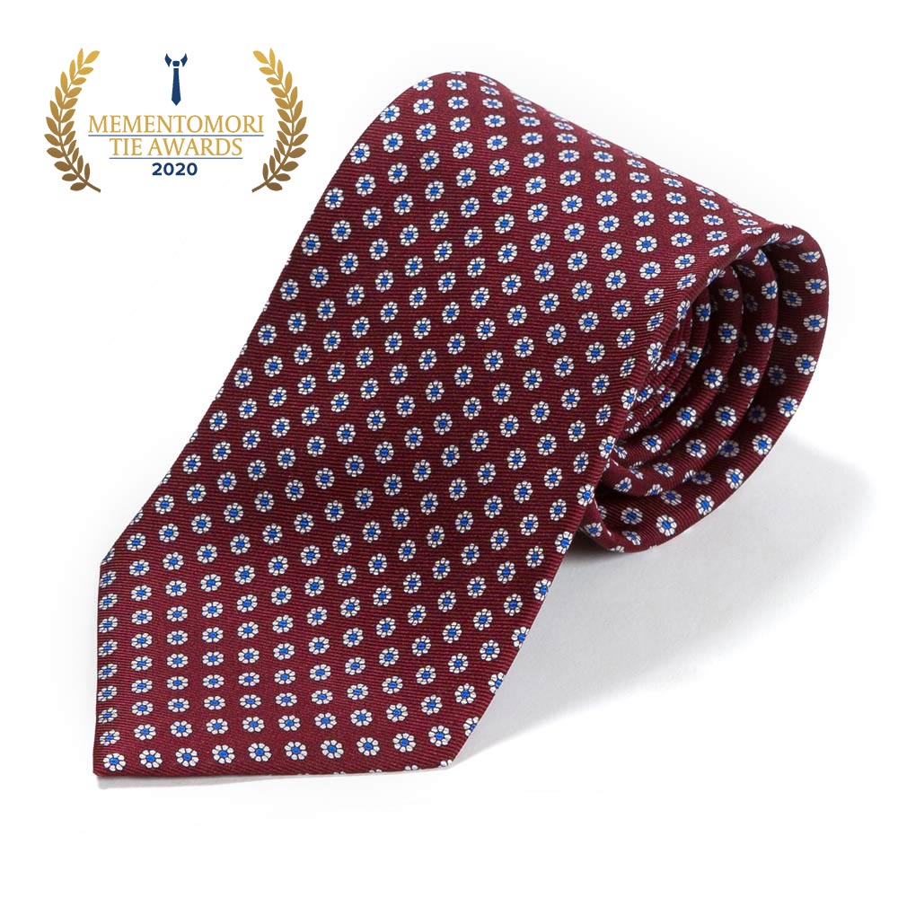 Hand Printed Petit Flower Burgundy White Silk Tie