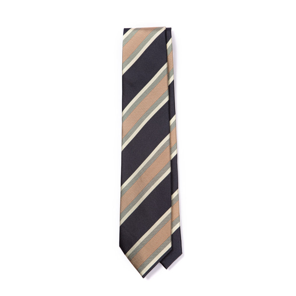 Classic Stripe Champagne Gold, Navy, and Brown Silk Tie
