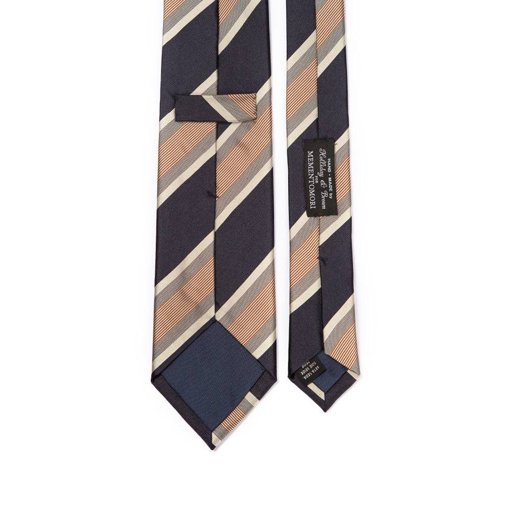 Classic Stripe Champagne Gold, Navy, and Brown Silk Tie