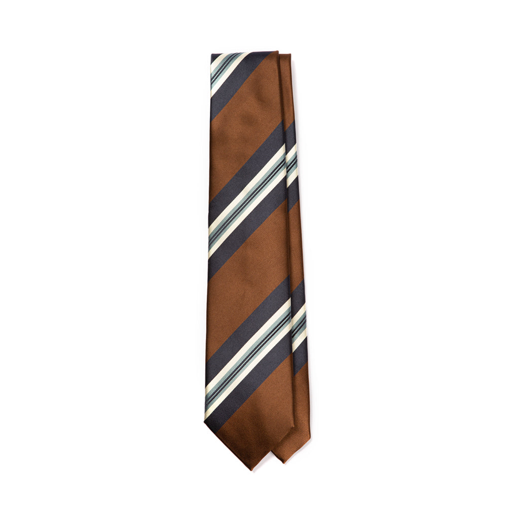 Wide Stripe Brown Navy White Silk Tie