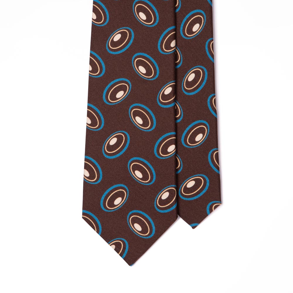 Brown Blue Beige Circle Pattern Printed Silk Tie