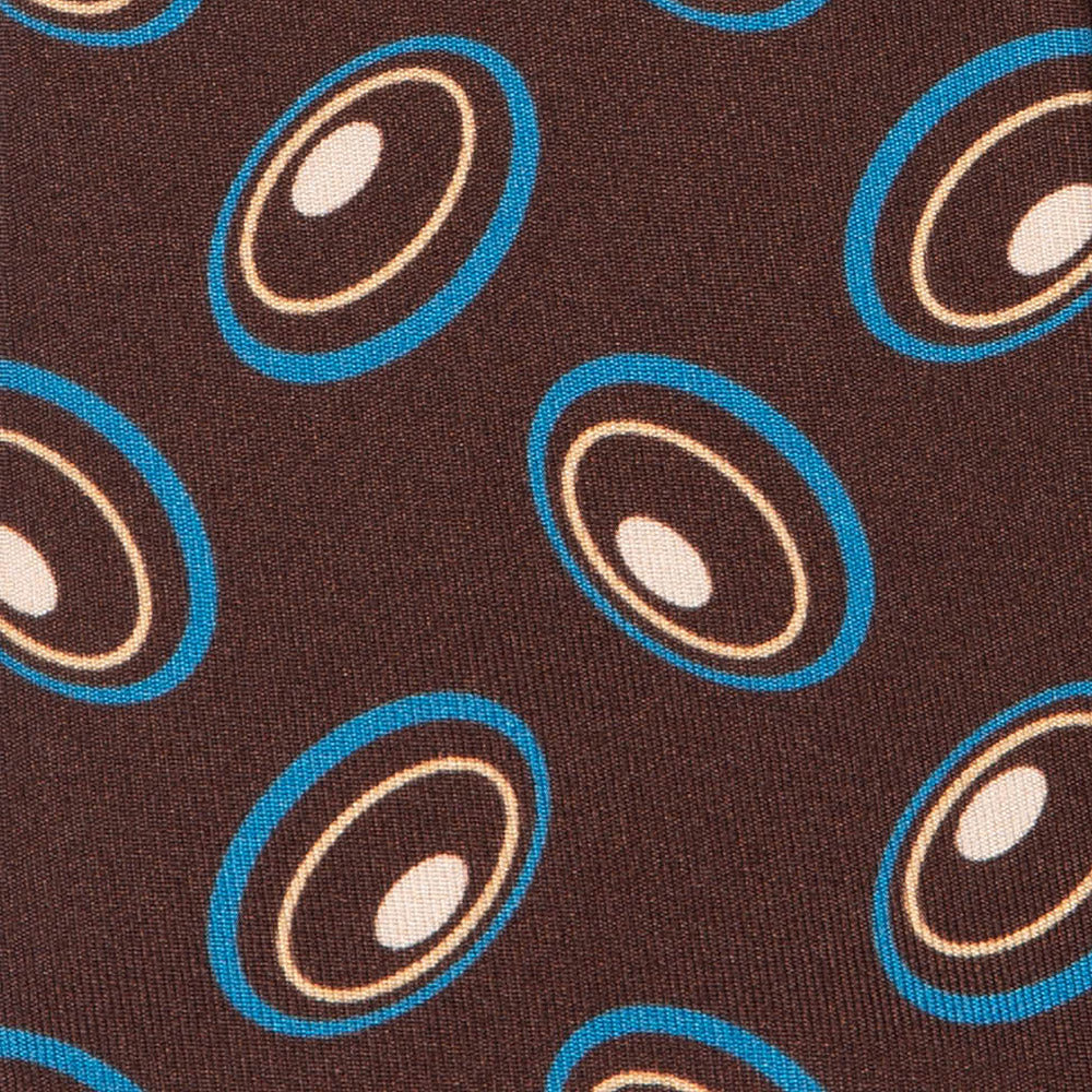 Brown Blue Beige Circle Pattern Printed Silk Tie