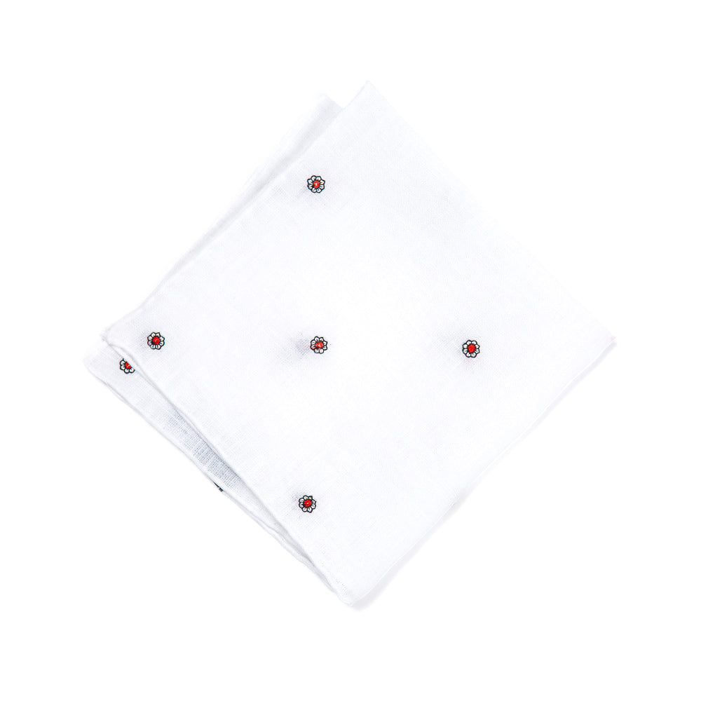 Flower Pattern Embroidery White Linen Pocket Square