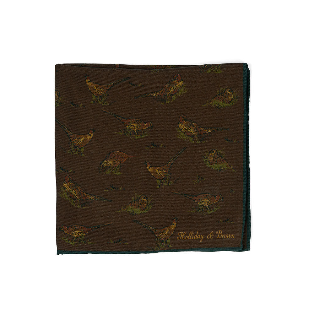 Bird &amp; Houndstooth Double Faced Dark Brown Printed Silk Pocket Square
