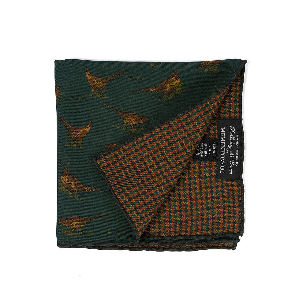 Bird &amp; Houndstooth Double Faced Green Printed Silk Pocket Square