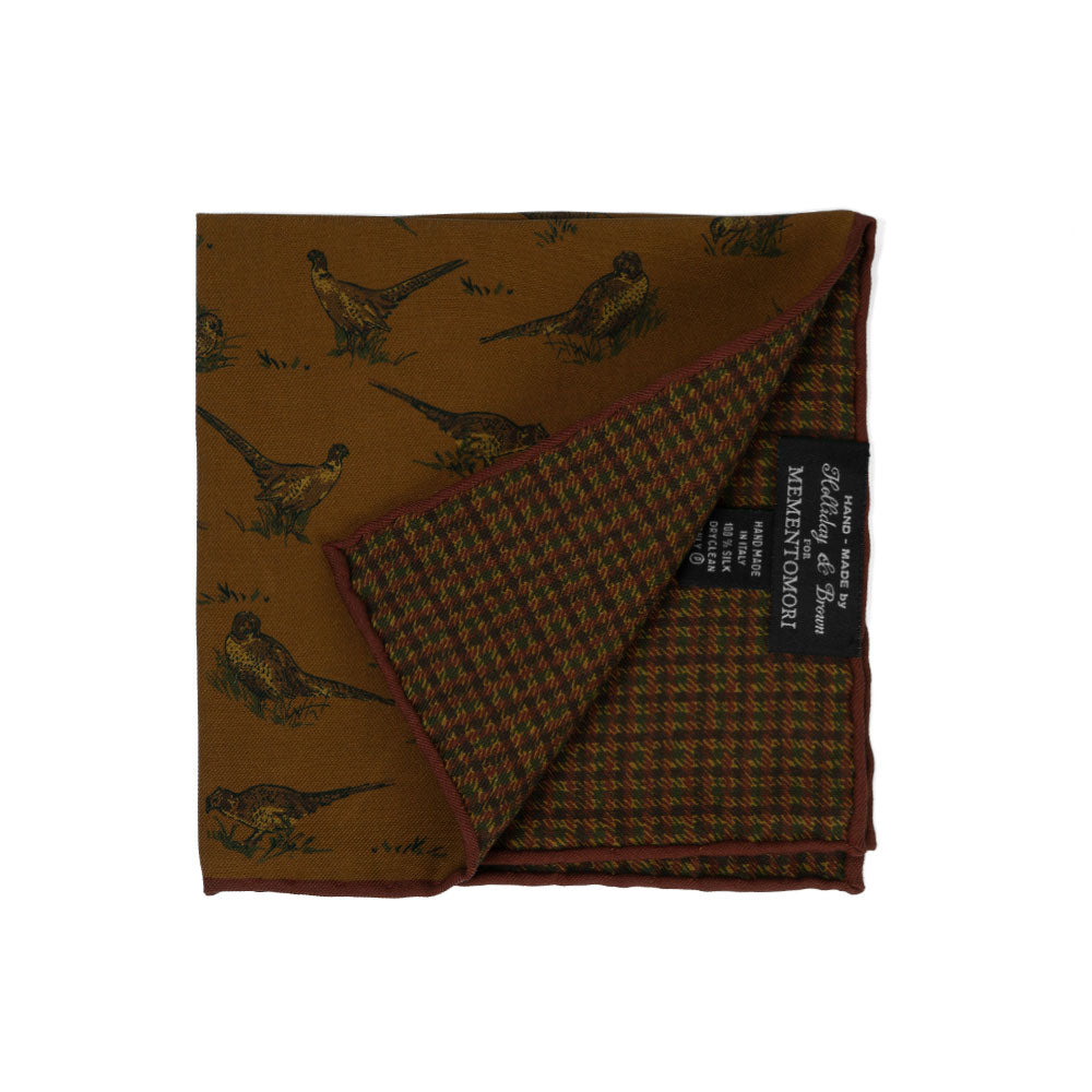 Bird &amp; Houndstooth Double Faced Camel Brown Printed Silk Pocket Square